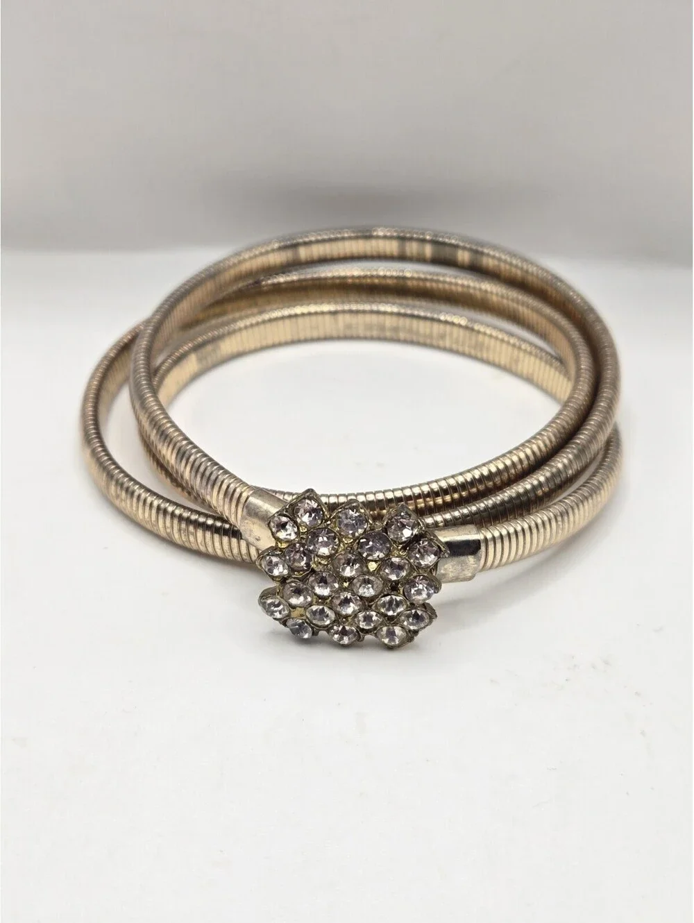 Vtg Gold Metal Spring Coil Elastic Waist Belt Crystal Rhinestone Clasp 26 30